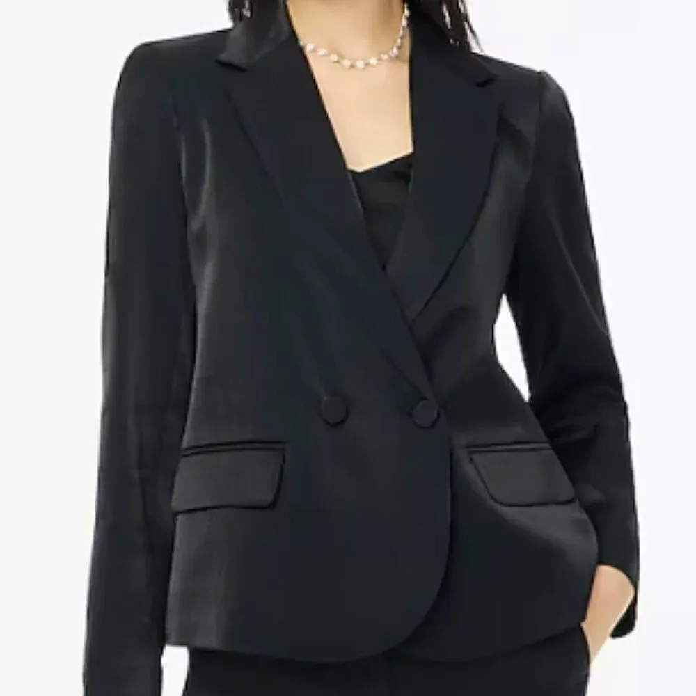J Crew Women's Double Breasted Blazer Size 4 Lined High Shine Black Coat $220